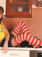 Creative Helen spreads her legs real wide to show up close hot pink clit that got wet while shooting.