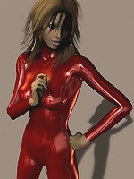 Cute brunette in red pvc poses in 3d