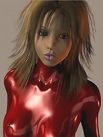 Cute brunette in red pvc poses in 3d