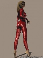 Cute brunette in red pvc poses in 3d