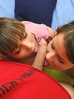 Two playful girls suck on the same dick and get banged