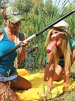 Two cute blondies fishing a dildo