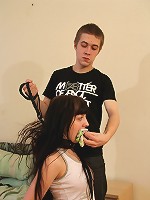 This raven haired teen could already feel her pussy getting wet the minute her boyfriend handcuffed her hands behind her back. But when he clamped a collar and leash on her she was literally dripping.